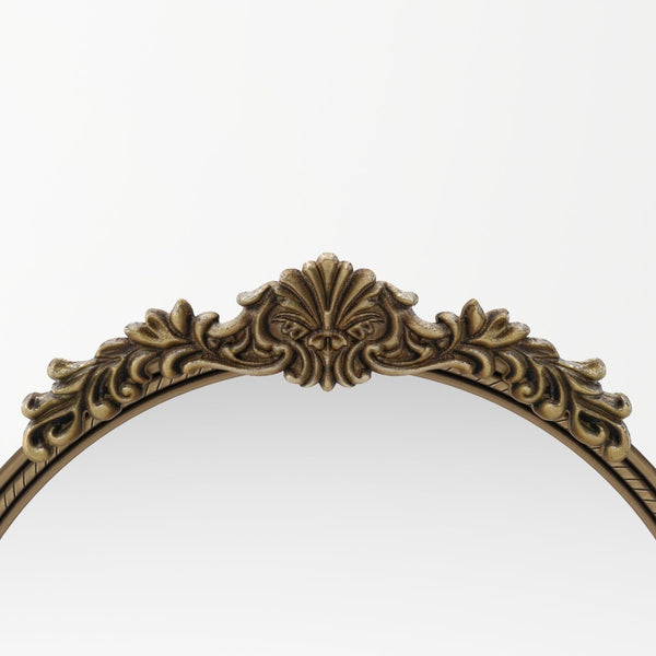 English Elm 33.27" Round Iron Wall Mirror Antique Gold Relief Frame for Bedroom or Entryway W757P484000