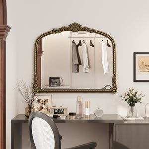 English Elm 36.61" Arched Antique Gold Iron Frame Wall Mirror with Carved Relief for Bedroom Entryway W757P484017