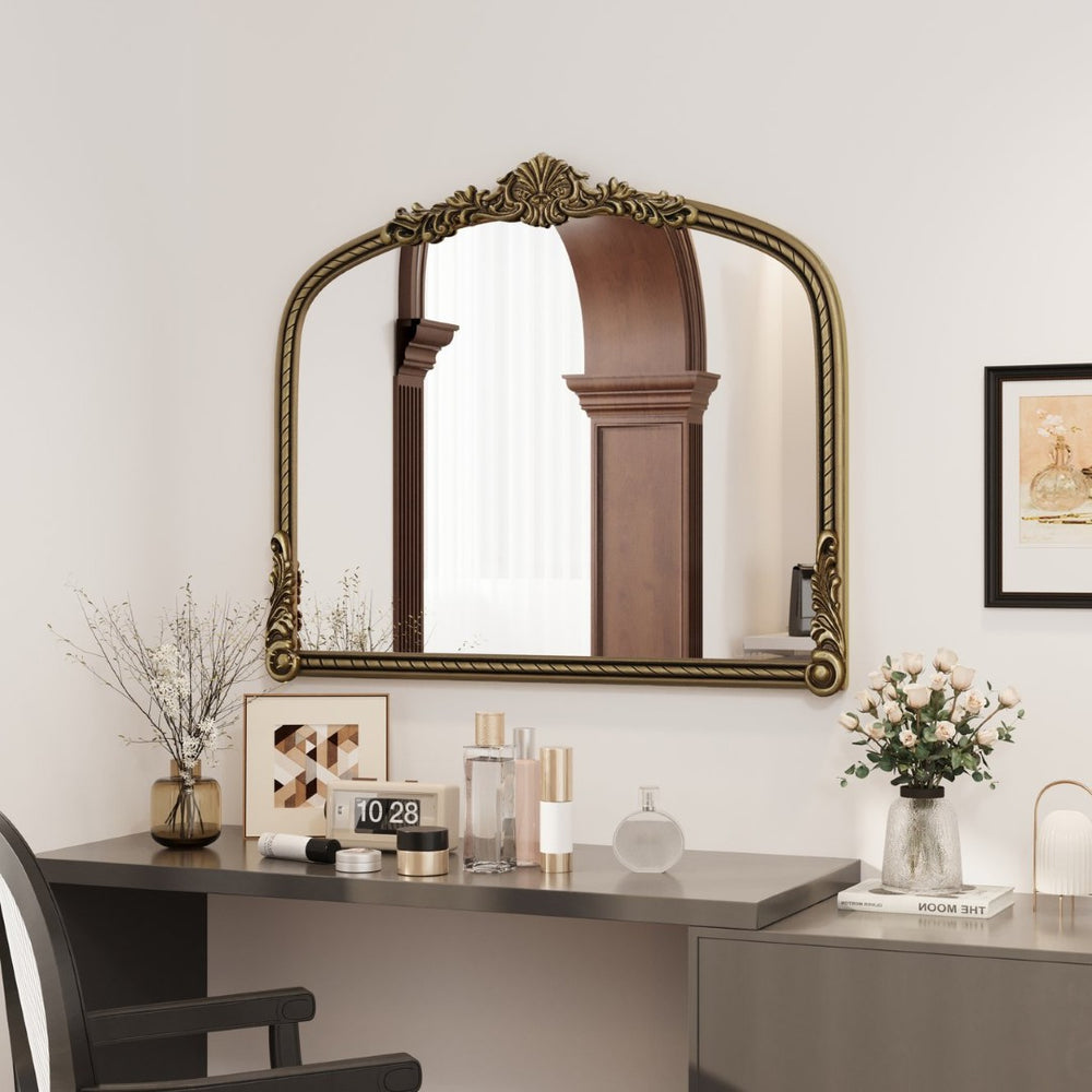 English Elm 36.61" Arched Antique Gold Iron Frame Wall Mirror with Carved Relief for Bedroom Entryway W757P484017