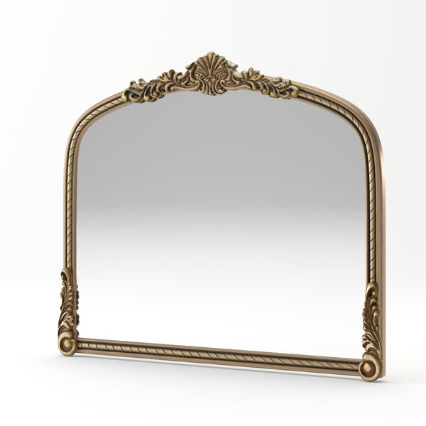 English Elm 36.61" Arched Antique Gold Iron Frame Wall Mirror with Carved Relief for Bedroom Entryway W757P484017