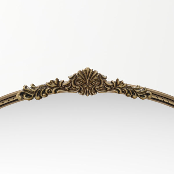 English Elm 36.61" Arched Antique Gold Iron Frame Wall Mirror with Carved Relief for Bedroom Entryway W757P484017