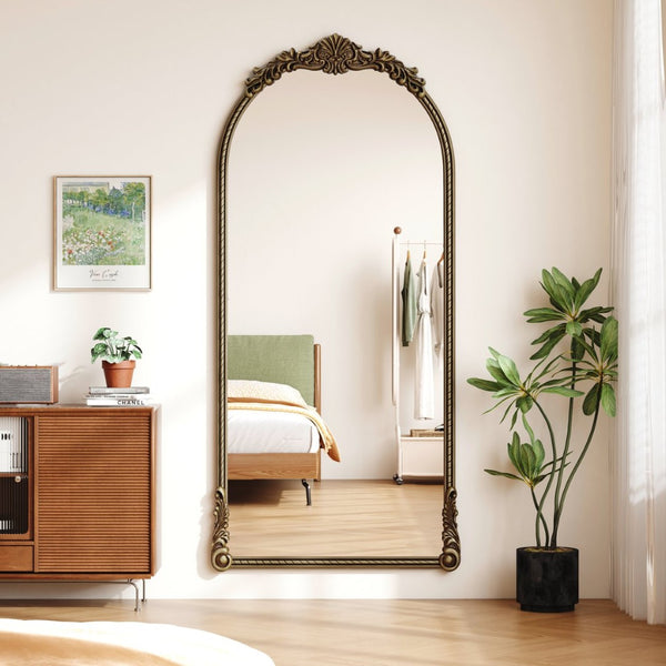 English Elm 73.03"arch Oval Iron Frame Wall Mirror Antique Gold Relief for Bedroom or Entryway W757P484022
