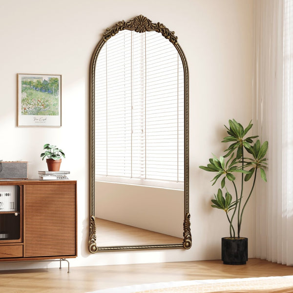 English Elm 73.03"arch Oval Iron Frame Wall Mirror Antique Gold Relief for Bedroom or Entryway W757P484022