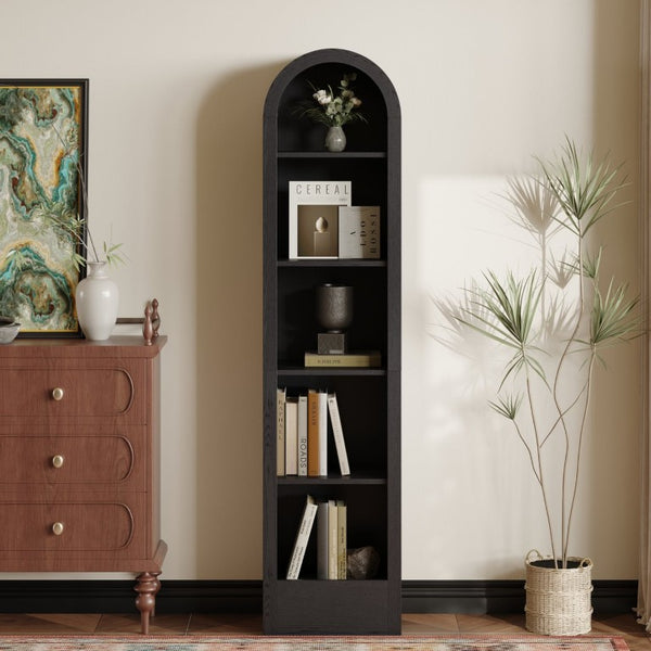 English Elm 67H Arched Five Tier Bookcase Mid Century Matte Freestanding Display Shelf for Any Room Black W757P506857