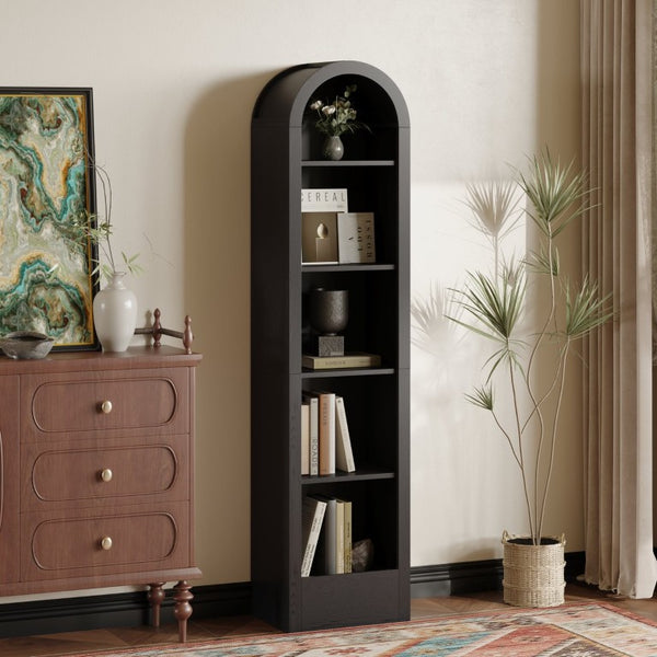 English Elm 67H Arched Five Tier Bookcase Mid Century Matte Freestanding Display Shelf for Any Room Black W757P506857