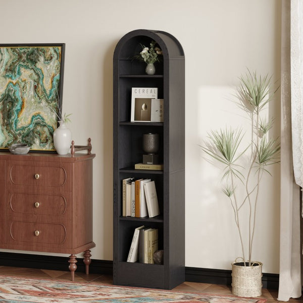 English Elm 67H Arched Five Tier Bookcase Mid Century Matte Freestanding Display Shelf for Any Room Black W757P506857