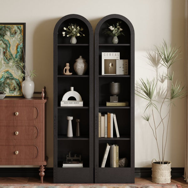 English Elm 67H Arched Five Tier Bookcase Mid Century Matte Freestanding Display Shelf for Any Room Black W757P506857