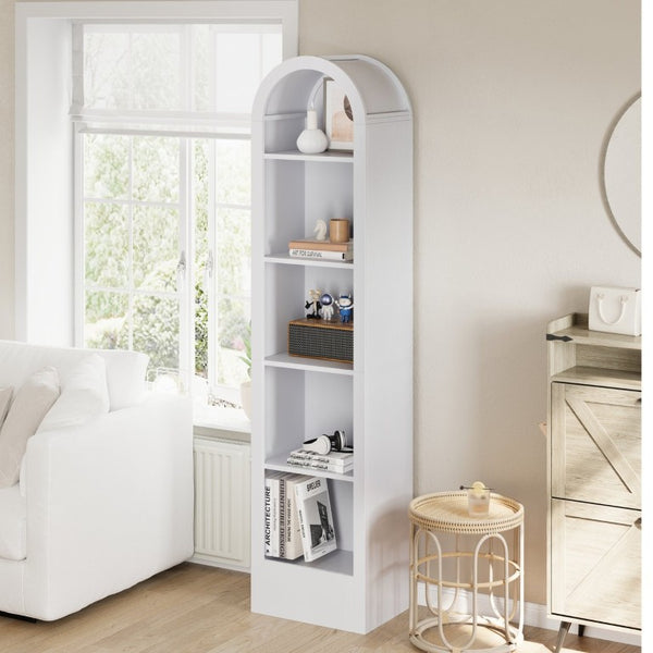 English Elm 67H Arched Five Tier Bookcase Mid Century Matte Freestanding Display Shelf for Any Room White W757P506860
