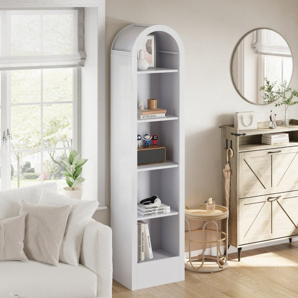 English Elm 67H Arched Five Tier Bookcase Mid Century Matte Freestanding Display Shelf for Any Room White W757P506860
