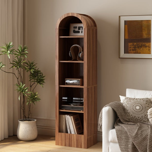 English Elm 67H Arched Five Tier Walnut Bookcase Mid Century Open Display for Living Room W757P506863