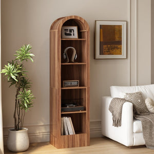English Elm 67H Arched Five Tier Walnut Bookcase Mid Century Open Display for Living Room W757P506863