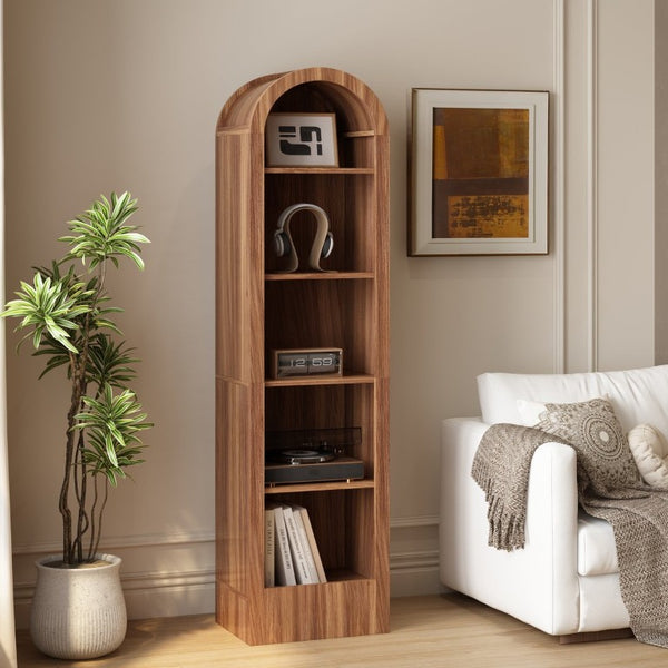 English Elm 67H Arched Five Tier Walnut Bookcase Mid Century Open Display for Living Room W757P506863
