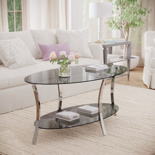 English Elm 43.3Modern Oval Tempered Glass Coffee Table Dual Tier Silver Iron Frame Living Room W757P509983