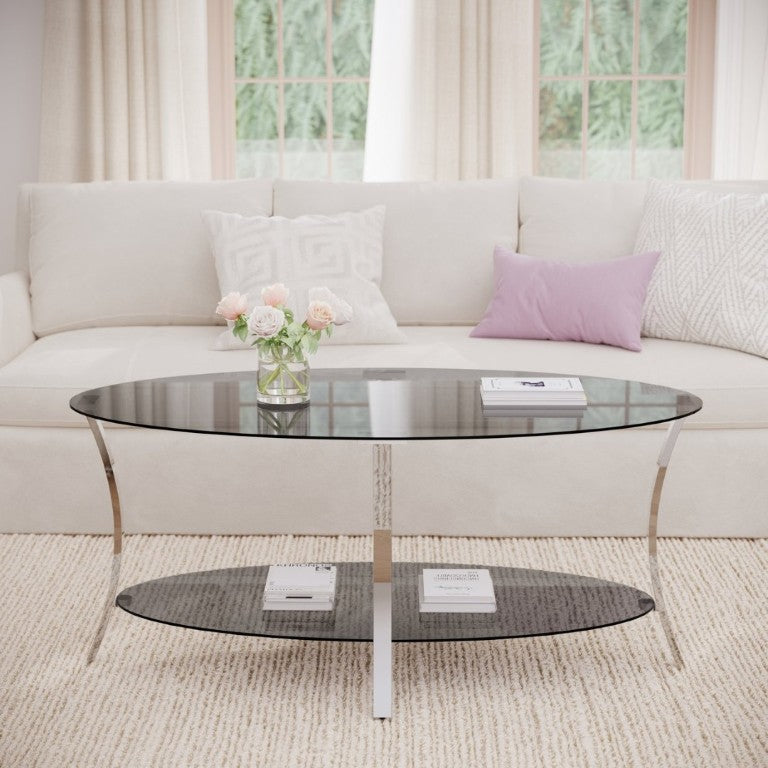 English Elm 43.3Modern Oval Tempered Glass Coffee Table Dual Tier Silver Iron Frame Living Room W757P509983