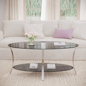 English Elm 43.3Modern Oval Tempered Glass Coffee Table Dual Tier Silver Iron Frame Living Room W757P509983