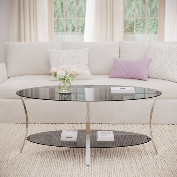 English Elm 43.3Modern Oval Tempered Glass Coffee Table Dual Tier Silver Iron Frame Living Room W757P509983