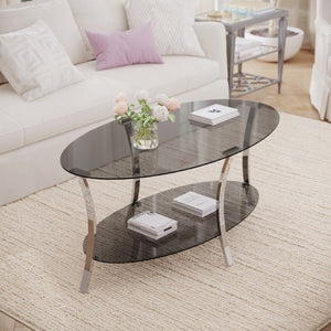 English Elm 43.3Modern Oval Tempered Glass Coffee Table Dual Tier Silver Iron Frame Living Room W757P509983