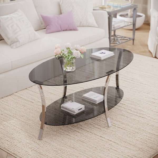 English Elm 43.3Modern Oval Tempered Glass Coffee Table Dual Tier Silver Iron Frame Living Room W757P509983