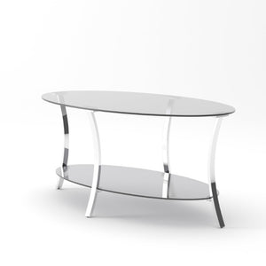 English Elm 43.3Modern Oval Tempered Glass Coffee Table Dual Tier Silver Iron Frame Living Room W757P509983
