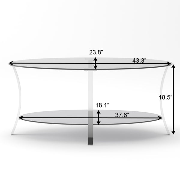 English Elm 43.3Modern Oval Tempered Glass Coffee Table Dual Tier Silver Iron Frame Living Room W757P509983