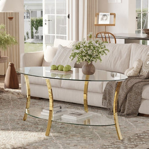 English Elm 43.3Modern Oval Tempered Glass Coffee Table Gold Iron Frame Open Shelf Living Room W757P509985