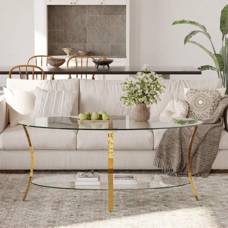 English Elm 43.3Modern Oval Tempered Glass Coffee Table Gold Iron Frame Open Shelf Living Room W757P509985