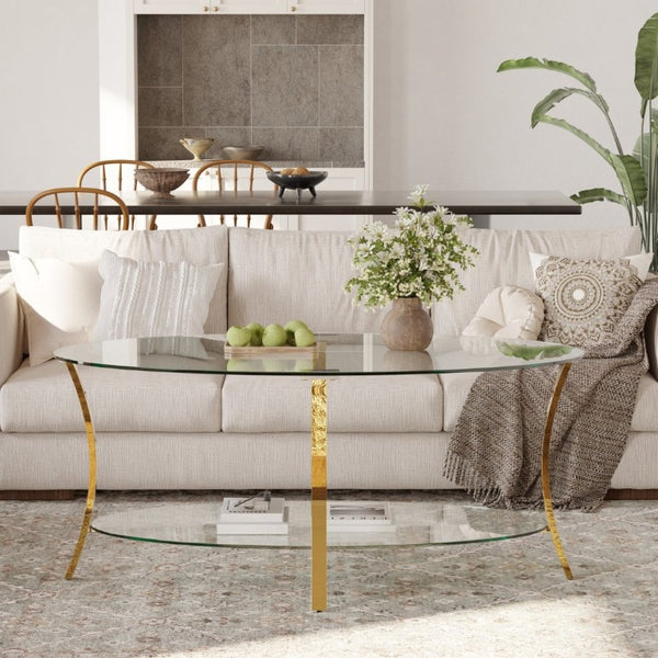 English Elm 43.3Modern Oval Tempered Glass Coffee Table Gold Iron Frame Open Shelf Living Room W757P509985