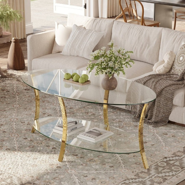 English Elm 43.3Modern Oval Tempered Glass Coffee Table Gold Iron Frame Open Shelf Living Room W757P509985