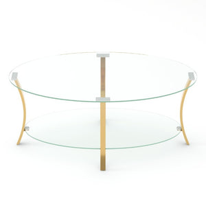 English Elm 43.3Modern Oval Tempered Glass Coffee Table Gold Iron Frame Open Shelf Living Room W757P509985