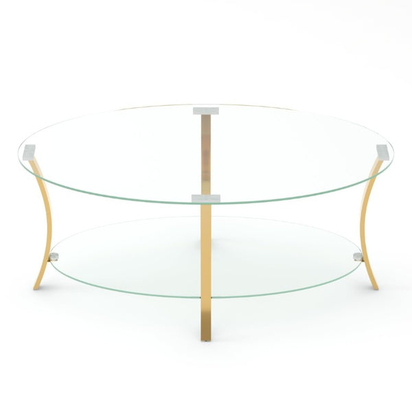 English Elm 43.3Modern Oval Tempered Glass Coffee Table Gold Iron Frame Open Shelf Living Room W757P509985