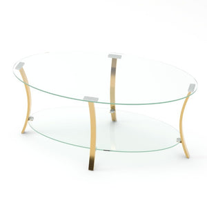 English Elm 43.3Modern Oval Tempered Glass Coffee Table Gold Iron Frame Open Shelf Living Room W757P509985
