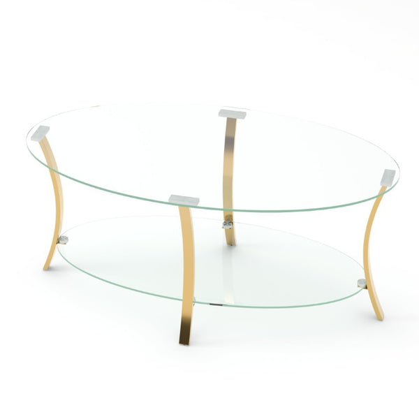 English Elm 43.3Modern Oval Tempered Glass Coffee Table Gold Iron Frame Open Shelf Living Room W757P509985