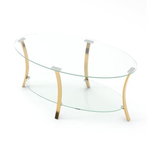 English Elm 43.3Modern Oval Tempered Glass Coffee Table Gold Iron Frame Open Shelf Living Room W757P509985
