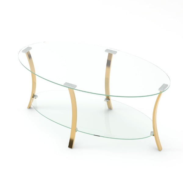 English Elm 43.3Modern Oval Tempered Glass Coffee Table Gold Iron Frame Open Shelf Living Room W757P509985