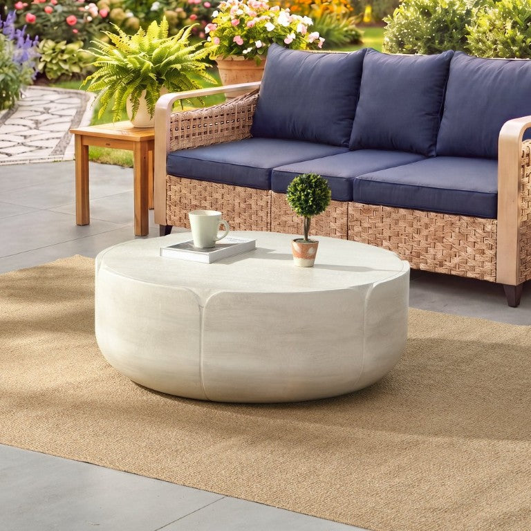 English Elm 35.63 Inch Round MGO Coffee Table Tulip Base Wood Grain Finish for Patio or Living Room W757P518597