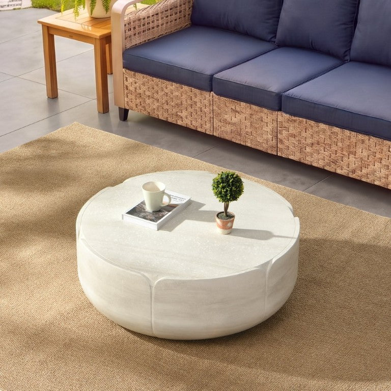 English Elm 35.63 Inch Round MGO Coffee Table Tulip Base Wood Grain Finish for Patio or Living Room W757P518597