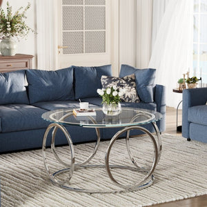 English Elm 31.5Modern Round Tempered Glass Coffee Table with Polished Chrome Base for Living Room W757P520714