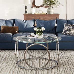 English Elm 31.5Modern Round Tempered Glass Coffee Table with Polished Chrome Base for Living Room W757P520714