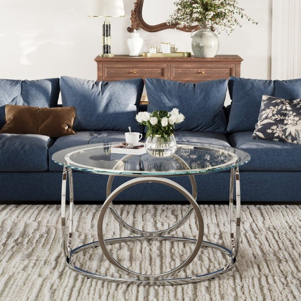 English Elm 31.5Modern Round Tempered Glass Coffee Table with Polished Chrome Base for Living Room W757P520714