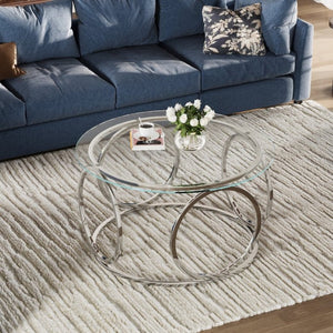 English Elm 31.5Modern Round Tempered Glass Coffee Table with Polished Chrome Base for Living Room W757P520714