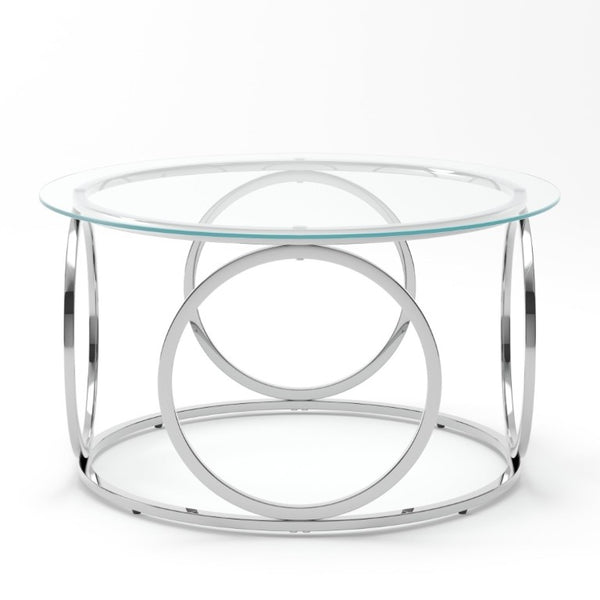 English Elm 31.5Modern Round Tempered Glass Coffee Table with Polished Chrome Base for Living Room W757P520714