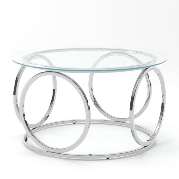 English Elm 31.5Modern Round Tempered Glass Coffee Table with Polished Chrome Base for Living Room W757P520714