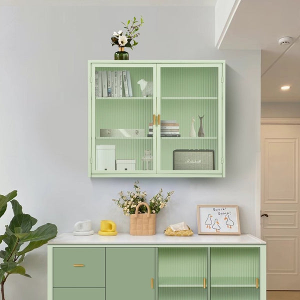 English Elm 27.56Glass Door Iron Frame Wall Cabinet with Fluted Tempered Glass Three Tier Modern Storage W757P544574