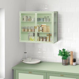 English Elm 27.56Glass Door Iron Frame Wall Cabinet with Fluted Tempered Glass Three Tier Modern Storage W757P544574