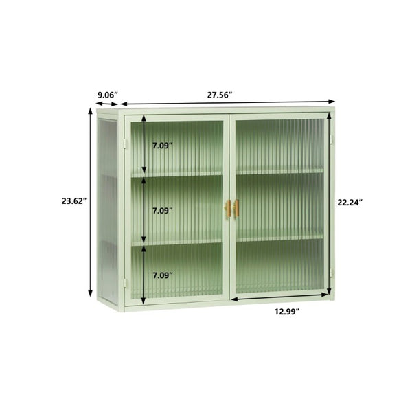 English Elm 27.56Glass Door Iron Frame Wall Cabinet with Fluted Tempered Glass Three Tier Modern Storage W757P544574