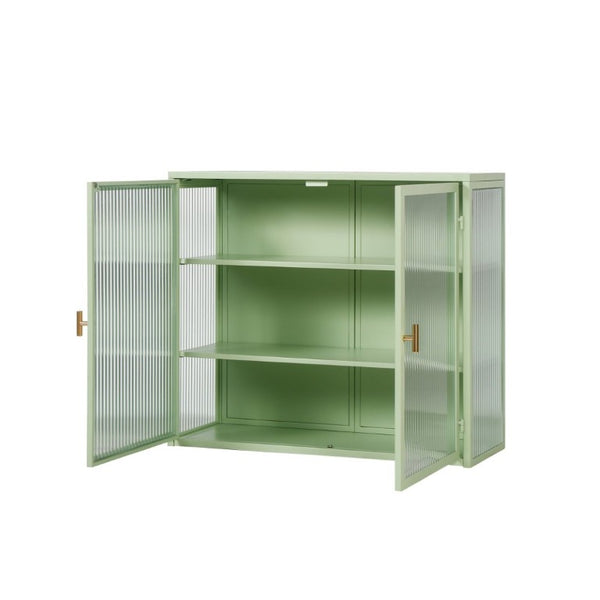 English Elm 27.56Glass Door Iron Frame Wall Cabinet with Fluted Tempered Glass Three Tier Modern Storage W757P544574
