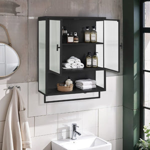 English Elm 23.62Glass Door Wall Cabinet Fluted Tempered Panels Iron Frame Open Shelf Towel Rack W757P544603