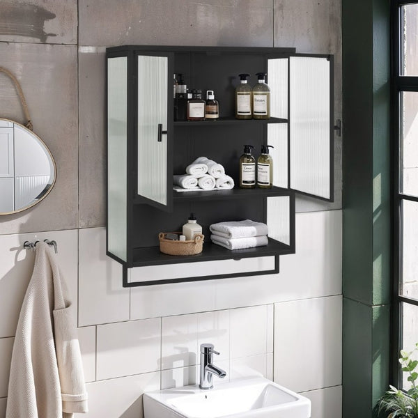 English Elm 23.62Glass Door Wall Cabinet Fluted Tempered Panels Iron Frame Open Shelf Towel Rack W757P544603