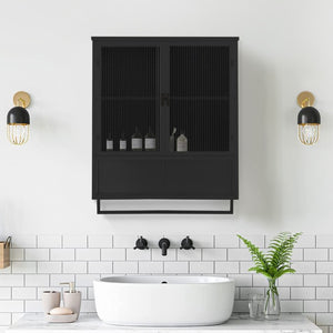 English Elm 23.62Glass Door Wall Cabinet Fluted Tempered Panels Iron Frame Open Shelf Towel Rack W757P544603
