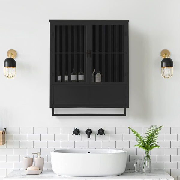 English Elm 23.62Glass Door Wall Cabinet Fluted Tempered Panels Iron Frame Open Shelf Towel Rack W757P544603